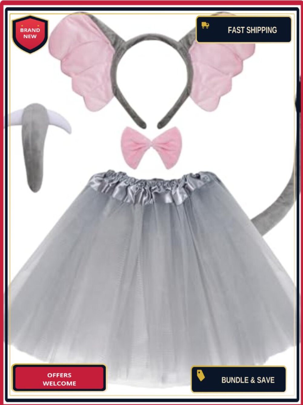 Elephant Costume Set Adult Ears Headband Tail Tutu Bow Tie Cosplay Halloween